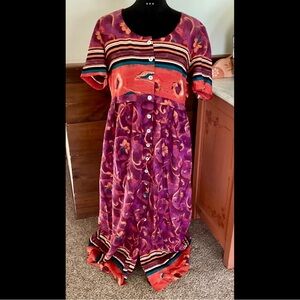L Bright Vintage Button Front Dress Purple Orange Colorful Fun